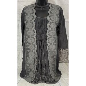 Johnny Was S Women Blouse Gray Lace Trim Tunic Cottage Boho Whimsy Floral